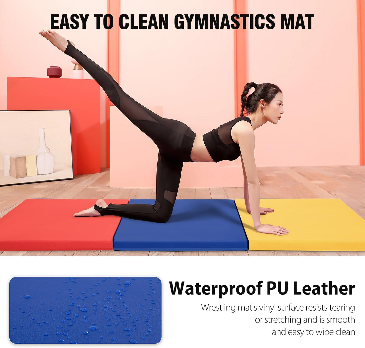 Gymnastics Tumbling Mat Portable Gymnastics Mat Foldable Tumbling Mat 2ft W 6ft L/4ft W 6ft L/4ft W 8ft L/4ft W 10ft Exercise Mat Yoga Mat with Carrying Handles for Yoga Gymnastics