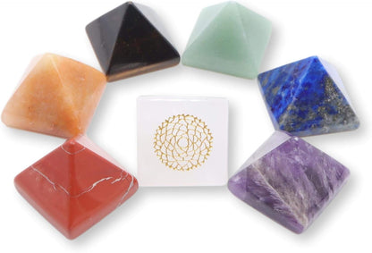 Uorbeay NatureWonders All Natural 7 Chakra Stone Set (Pyramid) with Engraved Symbols (Gift Box, Information Brochure & Pouch) - Healing Crystals, Balancing, Tumbled Palm Stone, Touchstone, Meditation