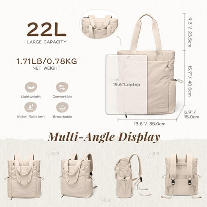 GOLF SUPAGS 3-in-1 Laptop Tote Backpack for Women 15.6" Quilted Work Gym Bag with Hidden Yoga Mat Carrier for Travel Leisure (Gravel Brown & Beige)