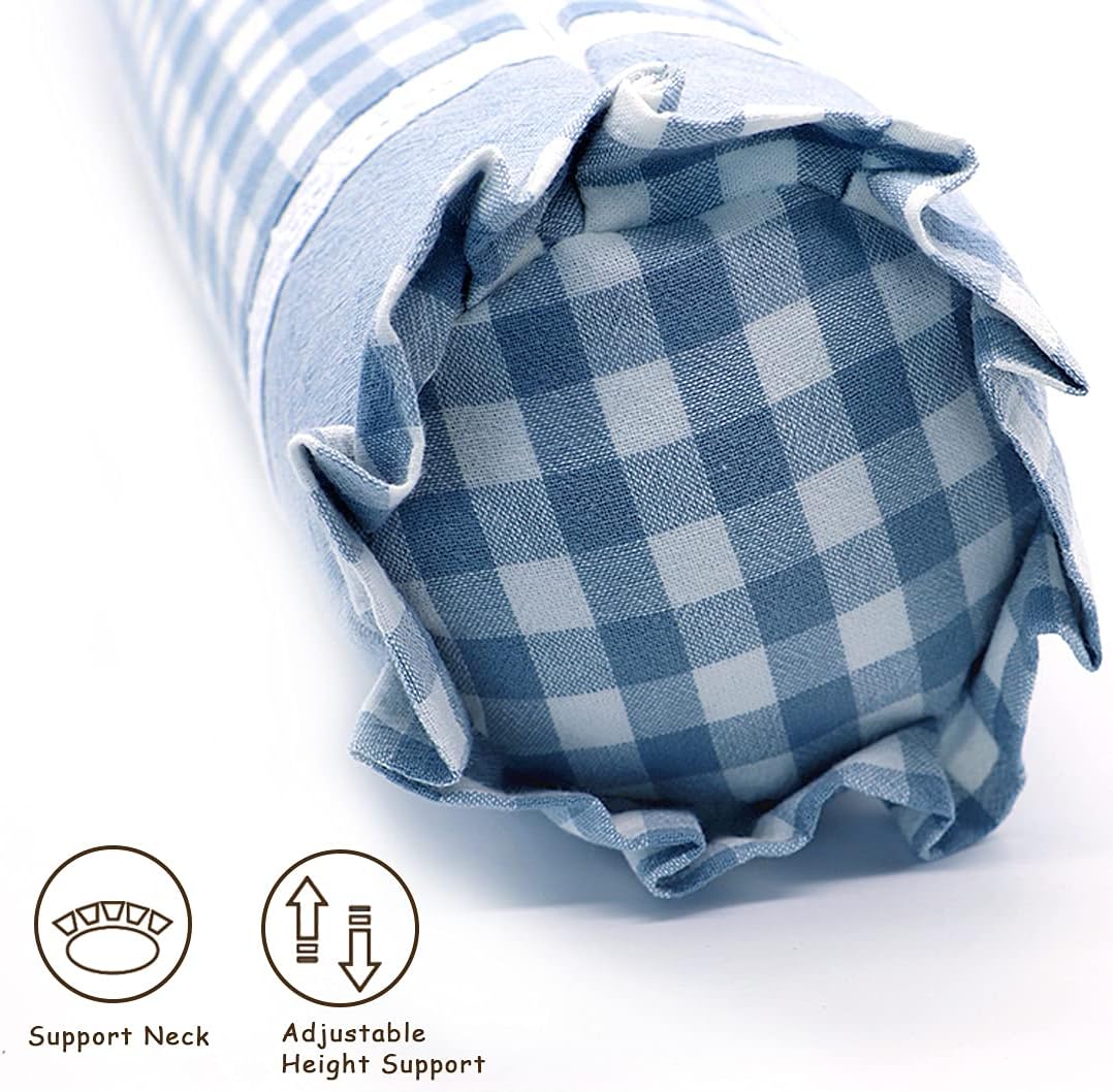 Buckwheat Hull Neck Roll Pillow -15.7" x4.7” Adjustable Firmness Cervical Support for Sleep & Yoga, Cooling Floral Cotton Cover, Ergonomic Bolster Pillow, Blue
