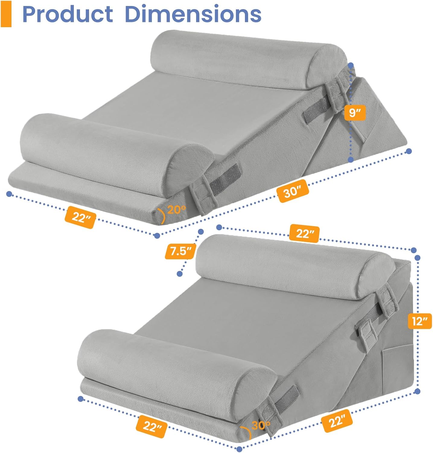 Sasttie Wedge Pillow Set for After Surgery, 2PCS Adjustable Bed Wedge Pillow Headboard with Memory Foam Neck Cushion – for Acid Reflux, Sleeping, Neck & Back Support, Dark Grey