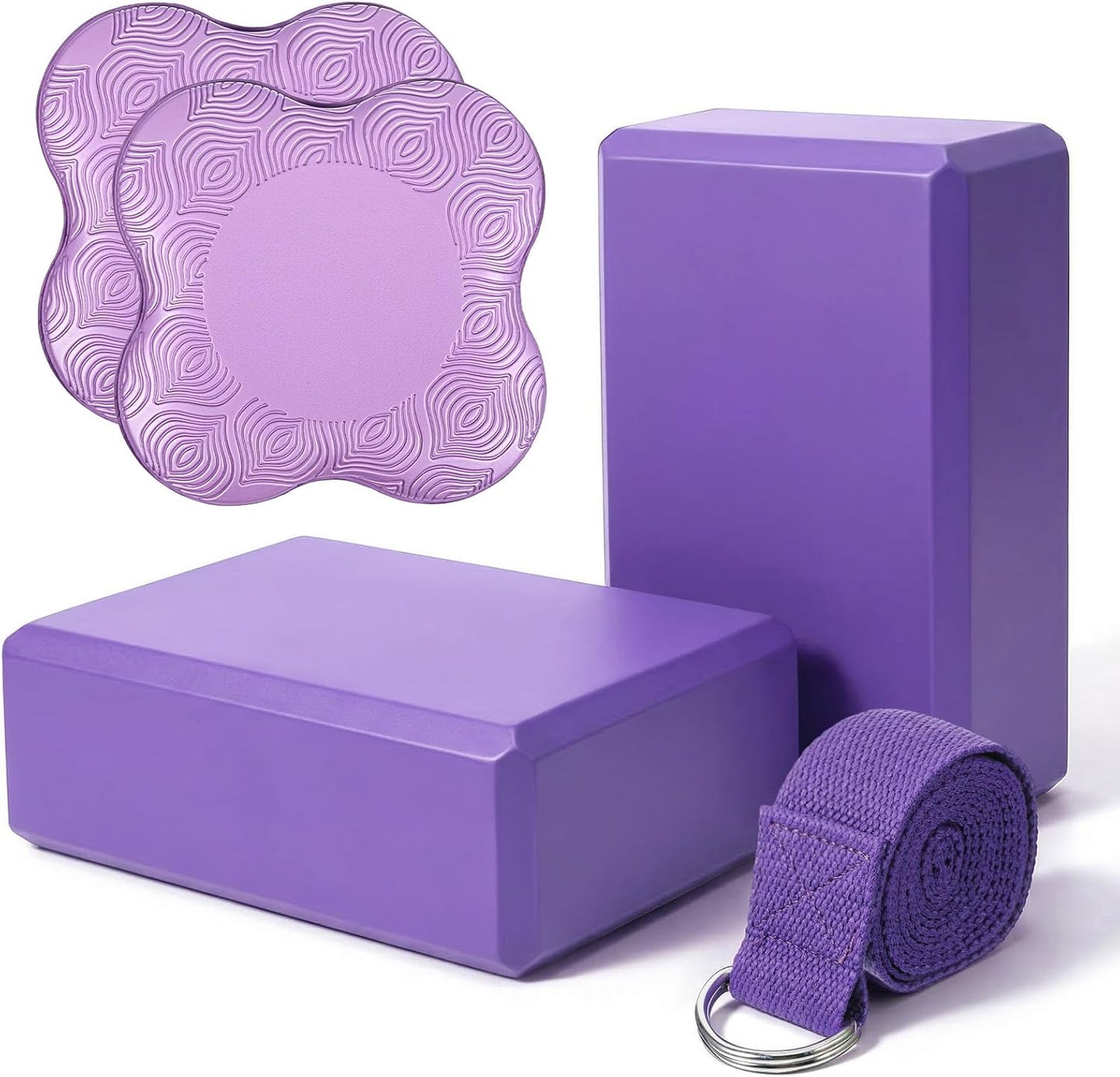 5 Pcs Yoga Blocks Knee Pads Yoga Strap Set, Soft Premium Foam Blocks Accessories for Pilates Meditation General Fitness Stability, Kneeling, Balance, Deepen Stretches and Toning (Purple)