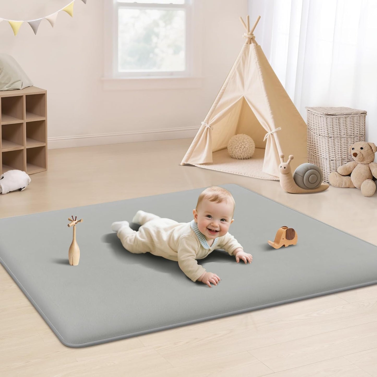 PapaMama Baby Play Mat,1.3" Thick Memory Foam 50x50 Soft Velvet Playpen Mat for Kids,Infants,Toddlers,Tummy Time Crawling Mats with Non-Slip Bottom,Yoga,Tatami,Nursery Rug(Sky Blue)