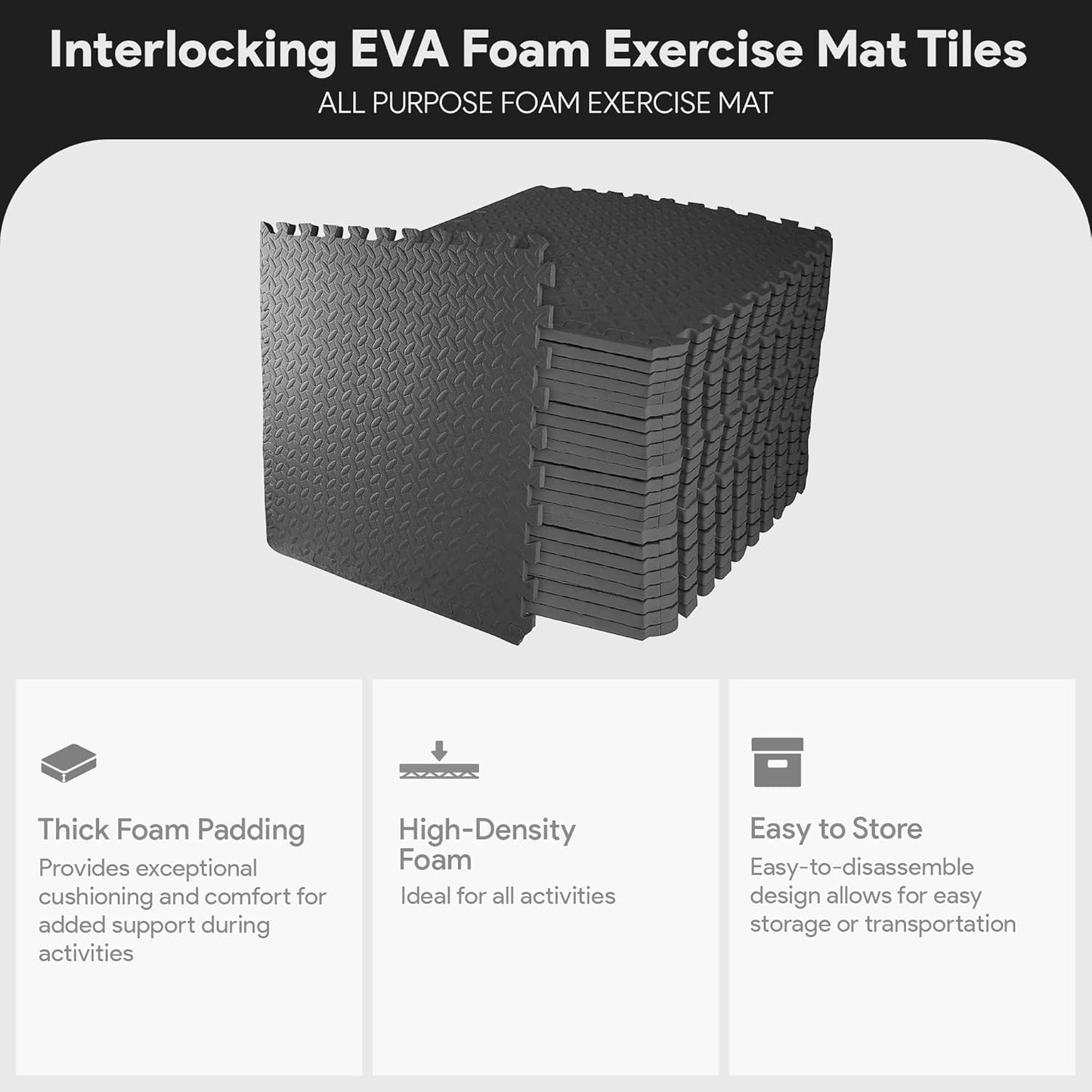 BalanceFrom Puzzle Exercise Mat 1" Thick, EVA Interlocking Foam Floor Tiles for Home Gym, Mat for Home Workout Equipment, Floor Padding for Kids, Black, 24 in x 24 in x 1 in, 24 Sq Ft - 6 Tiles