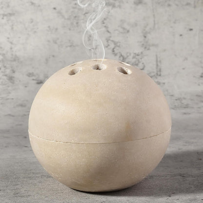 Natural Travertine Incense Burner – 4” Handmade Stone Incense Cone Holder, Minimalist Sphere Incense Burner for Home Decor, Meditation, Yoga, Spa, Relaxation (Beige)