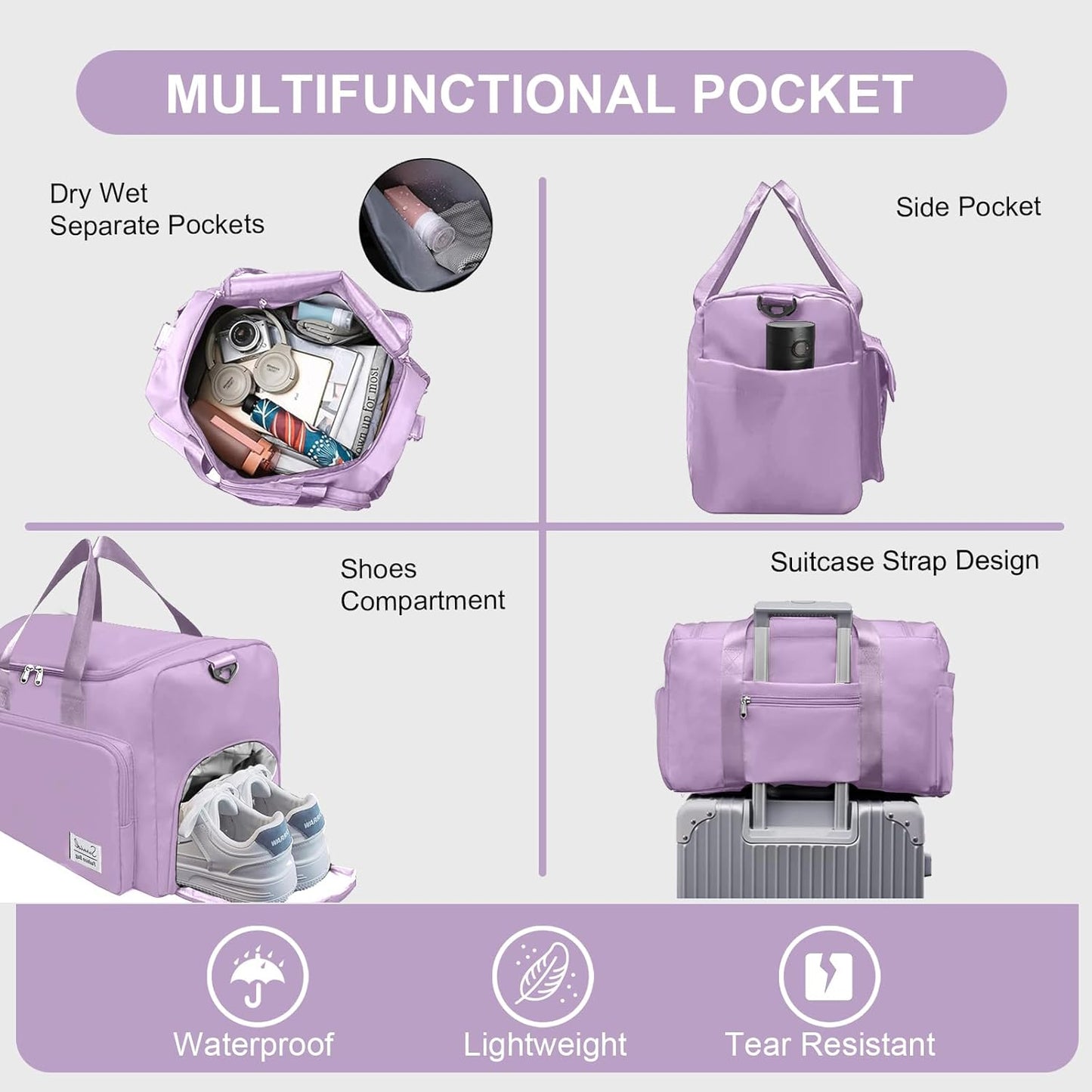 Suruid Travel Yoga Duffel Bag with Shoes Compartment Sports Gym Handbag with Dry Wet Separated Pocket for Training Men and Women, Overnight /Weekender Bag - Pink