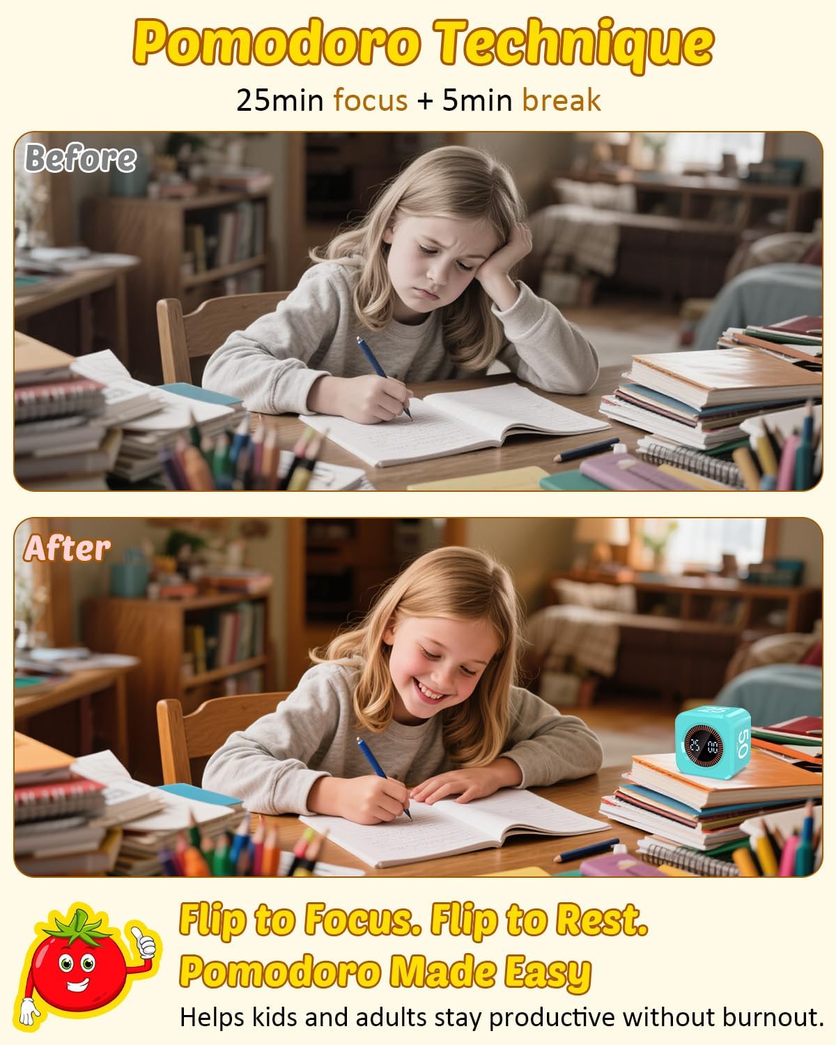 Digital Pomodoro Timer Cube 5/10/25/50min, Visual Productivity Flip Timer for Kids Classroom Desk, Custom Countdown, Silent and Sound Mode for ADHD Study Work Game Kitchen (Black)