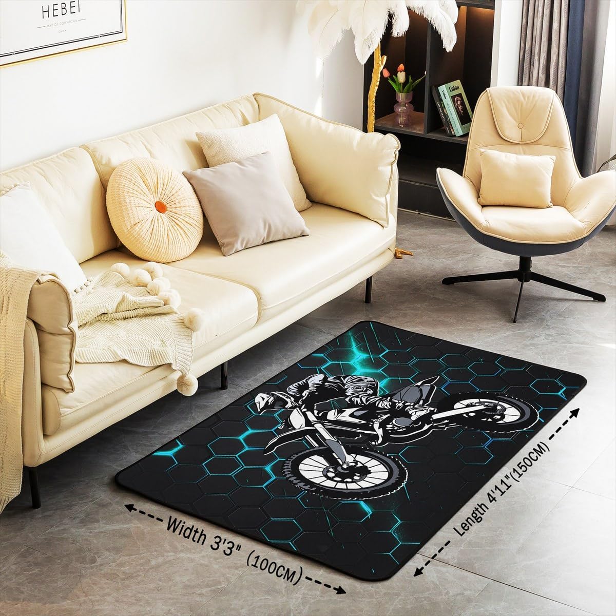 Feelyou Dirt Bike Area Rug 3x5 Kids Extreme Sports Green Honeycomb Living Room Rugs for Bedroom Boys Girls Teens Racing Motocross Rider Decorative Carpet Rug Non-Slip Motorcycle Indoor Floor Mat