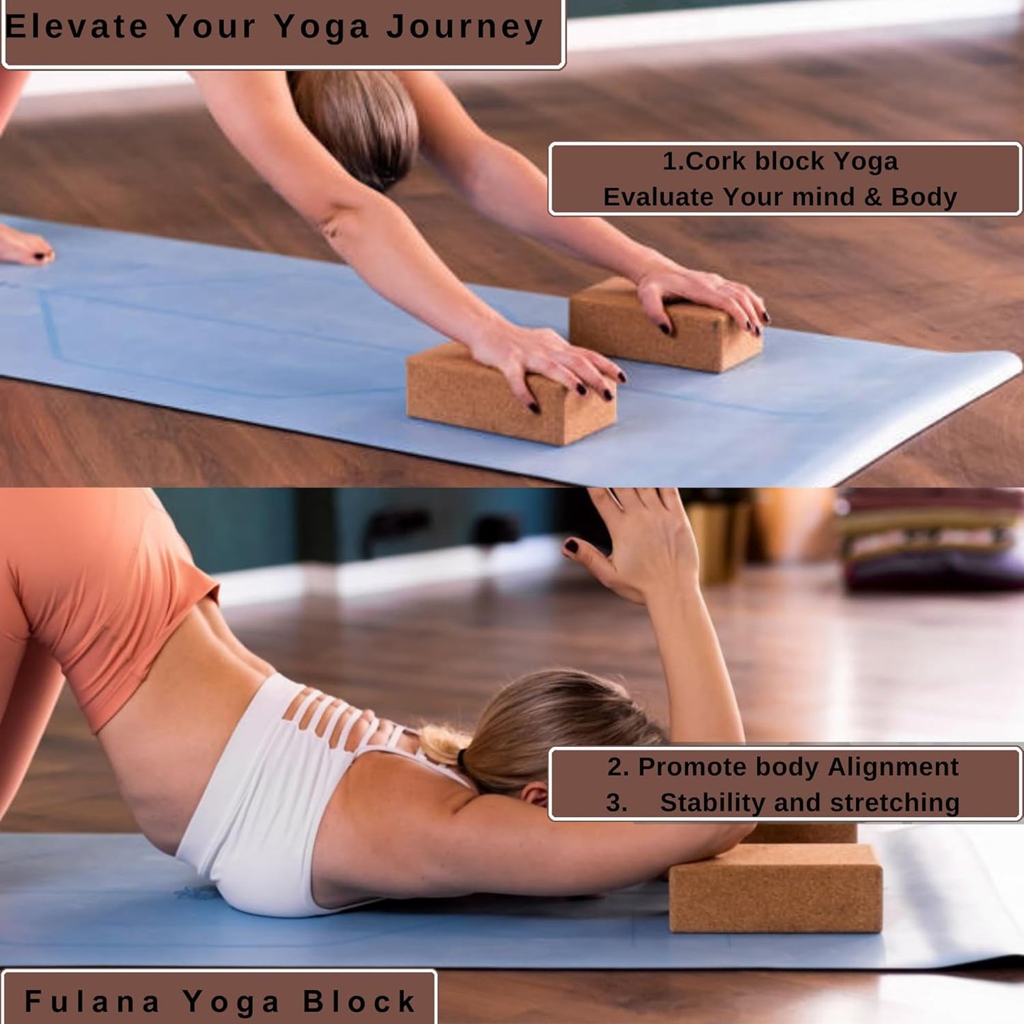 "FULANA Natural Cork Yoga Blocks (2-Pack) - High Density, Non-Slip Surface, Eco-Friendly (Women)(men) Yoga Accessories - 9x6x3 inches - Ideal Support for Yoga, Pilates, Stretching"