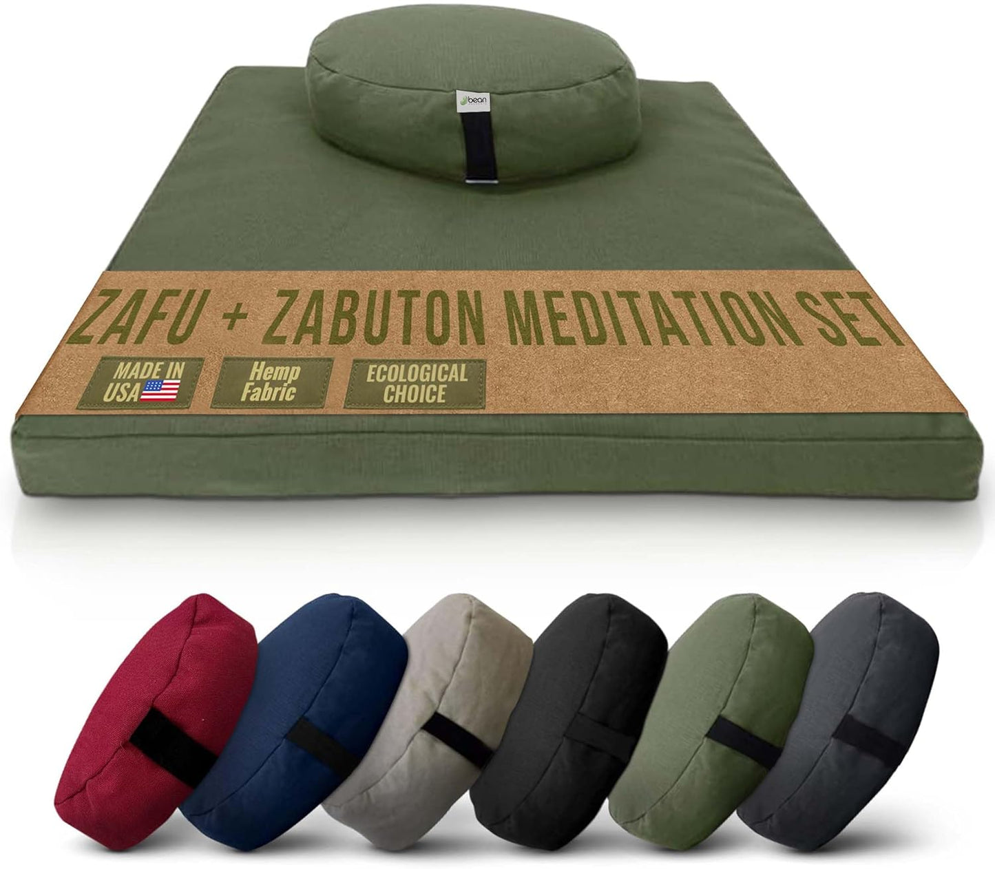 Meditation Cushion Mat Set HEMP - Large Oval Zafu Floor Pillow Organic Buckwheat Pillow + Cotton Filled HEMP Zabuton Prayer Pad - Meditation Pillow Yoga Knee Pad Made in USA - 18" Oval, NATURAL Hemp