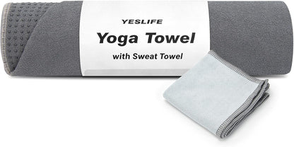 YESLIFE Non-Slip Extra Thick Hot Yoga Towel with One Sweat Towel, Microfiber Sweat Absorbent Yoga Mat Towel with Grip Dot, Pilates Mat, 72" x 24", Light Blue