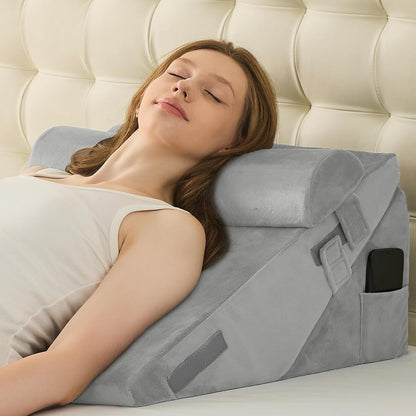 Sasttie Wedge Pillow Set for After Surgery, 2PCS Adjustable Bed Wedge Pillow Headboard with Memory Foam Neck Cushion – for Acid Reflux, Sleeping, Neck & Back Support, Dark Grey