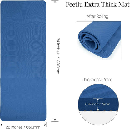 Extra Thick 12mm Exercise Mat – Non-Slip, Joint-Friendly & Cushioned Fitness Mat for Yoga, Pilates & Floor Workouts – Durable, Supportive & Includes Feetlu Classic Strap
