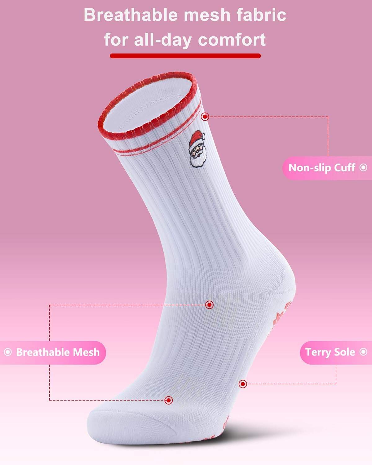 Pilates Grip Socks for Women - Embroidery Athletic Crew, Non-Skid Sticky Soles for Yoga, Barre, Workout & Hospital
