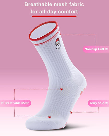 Pilates Grip Socks for Women - Embroidery Athletic Crew, Non-Skid Sticky Soles for Yoga, Barre, Workout & Hospital