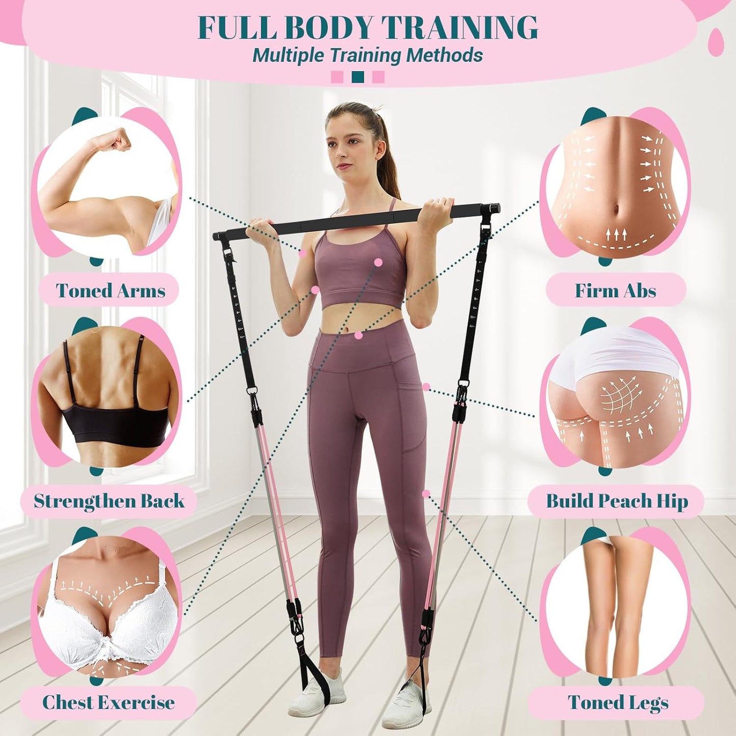 COFOF Pilates Bar Kit with Resistance Bands, Multifunctional Yoga Pilates Bar with Heavy-Duty Metal Adjustment Buckle, Portable Home Gym Pilates Resistance Bar Kit for Women Full Body Workouts