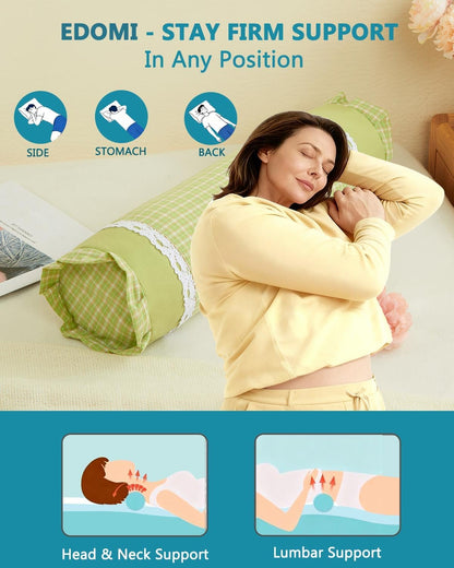Buckwheat Hull Neck Roll Pillow -15.7" x4.7” Adjustable Firmness Cervical Support for Sleep & Yoga, Cooling Floral Cotton Cover, Ergonomic Bolster Pillow, Blue