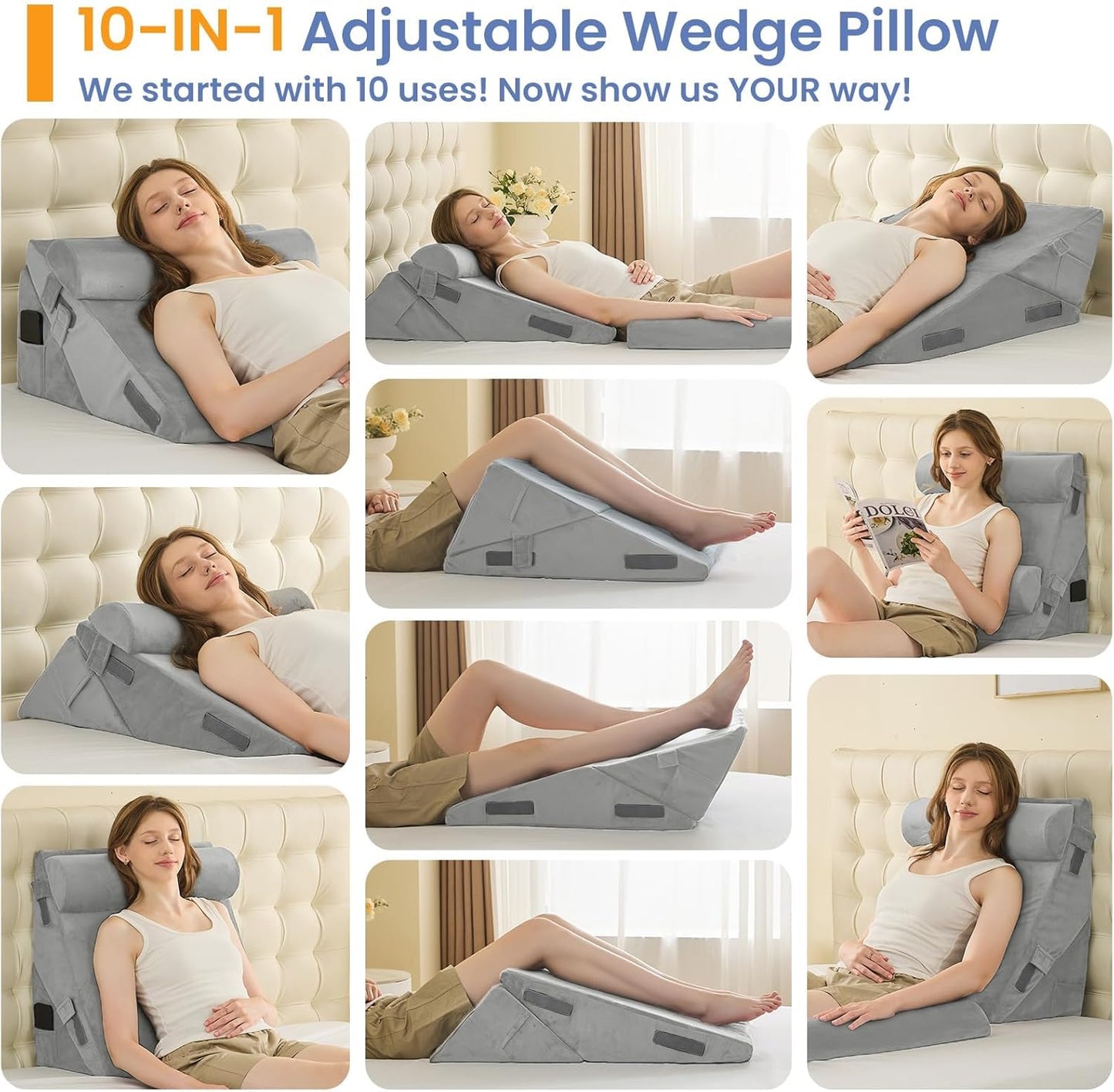 Sasttie Wedge Pillow Set for After Surgery, 2PCS Adjustable Bed Wedge Pillow Headboard with Memory Foam Neck Cushion – for Acid Reflux, Sleeping, Neck & Back Support, Dark Grey