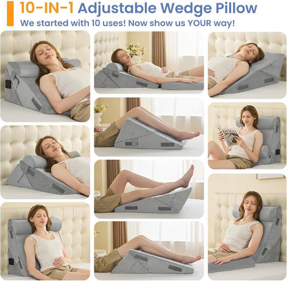 Sasttie Wedge Pillow Set for After Surgery, 2PCS Adjustable Bed Wedge Pillow Headboard with Memory Foam Neck Cushion – for Acid Reflux, Sleeping, Neck & Back Support, Dark Grey