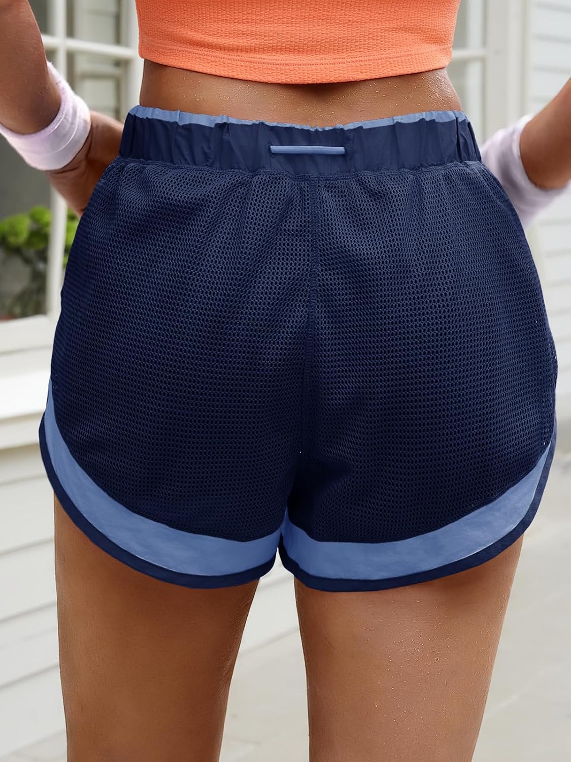 Fisoew Women Athletic Shorts 2 in 1 Running High Split Color Block Workout Yoga Mesh Shorts Pocket Drawstring
