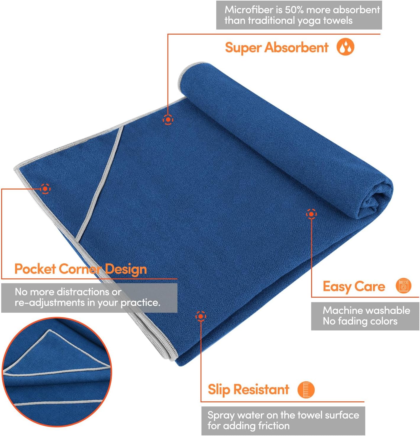 IUGA Yoga Towel for Hot Yoga Non Slip Extra Thick Yoga Mat Towel + Hand Towel 2in1 Set with Corner Pockets Super Absorbent and Quick Dry Hot Yoga Towel
