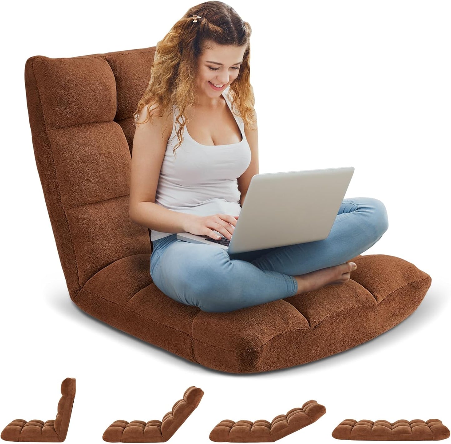 Folding Floor Gaming Chair 14-Poistion Cushioned Adjustable Floor Lazy Sofa Chair w/Breathable Cotton & Skin-Friendly Coral Velve for Adults & Kids Perfect for Reading Gaming Meditating, Grey