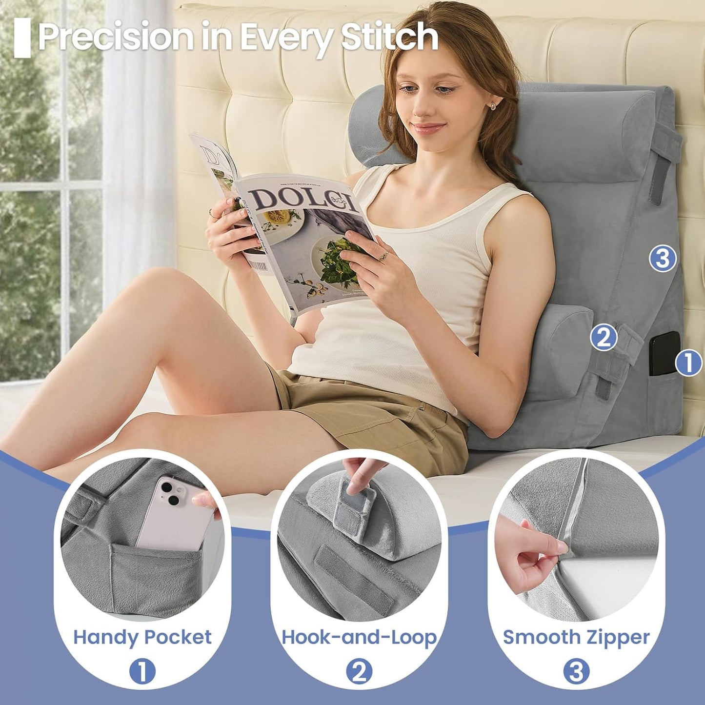 Sasttie Wedge Pillow Set for After Surgery, 2PCS Adjustable Bed Wedge Pillow Headboard with Memory Foam Neck Cushion – for Acid Reflux, Sleeping, Neck & Back Support, Dark Grey
