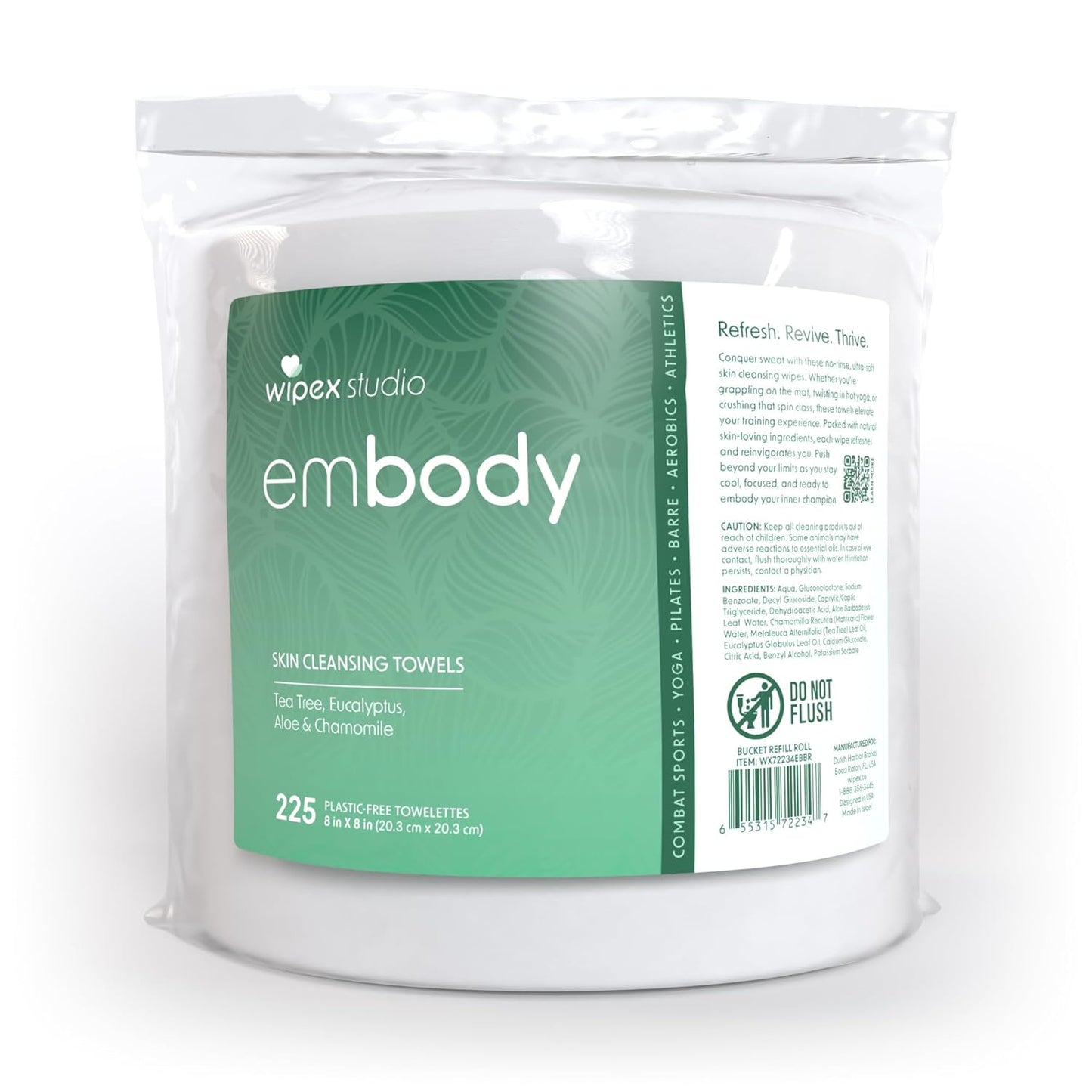 Wipex Embody Body Wipes - Large Plant-Based Cloth with Tea Tree Oil for Quick Clean Up, Ideal for Athletes, Yoga, Gym, Wrestling, Team Sports & Adults, Fitness Equipment Cleaner, 225 Count
