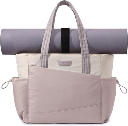 LOVEVOOK Gym Tote Bag for Women, Puffy Yoga Mat Bag with Large Cup Holder & Wet Pocket, Work Nurse Bag for Travel Workout