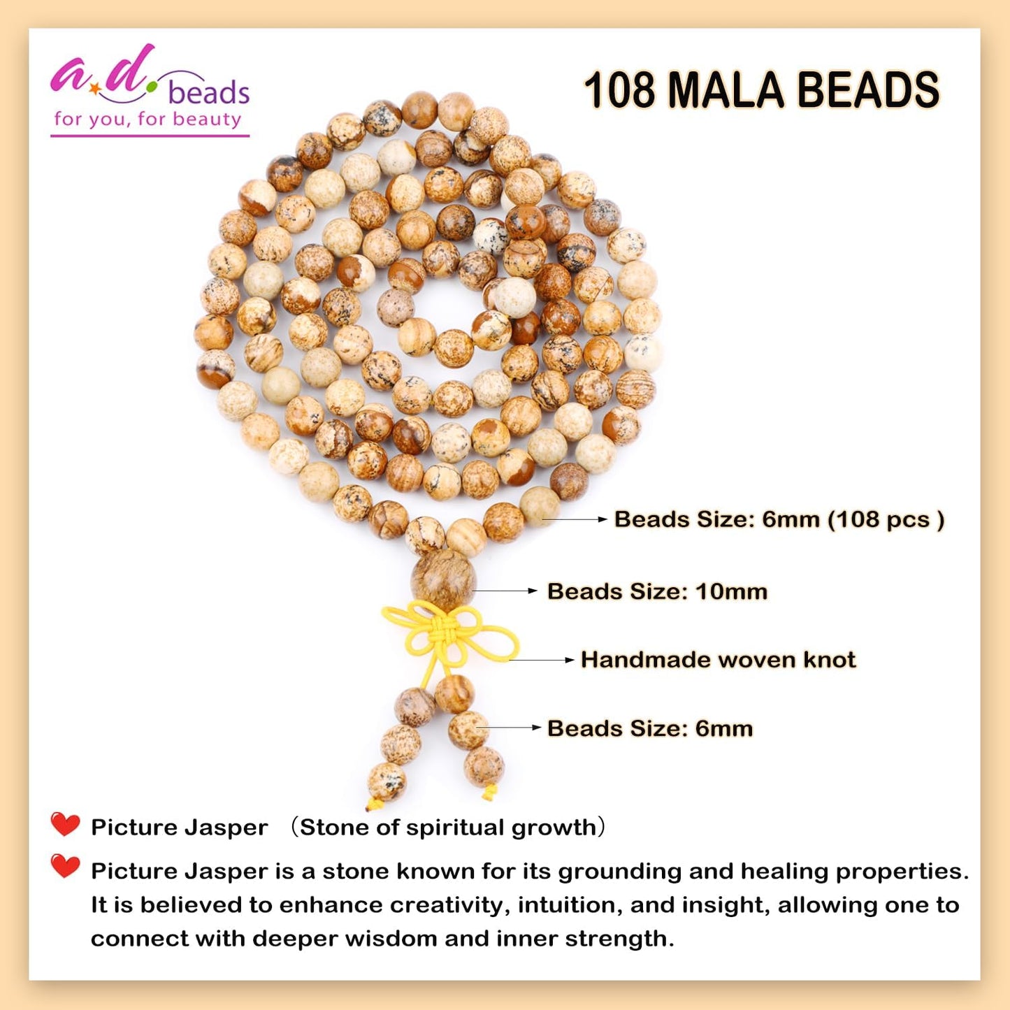 AD Beads 6mm 8mm 108 Prayer Mala Jasper Elastic Bracelet - Handmade Yoga Meditation Healing Power Energy Gifts for Unisex Adult.