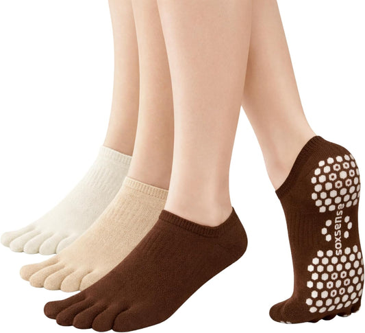 Soxsense Pilates Grip Toe Socks for Women & Men, Cushioned Low-Cut Five Finger Socks Non Slip for Yoga, Barre, Gym