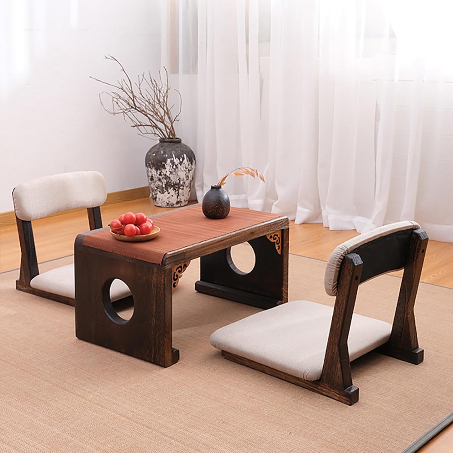 Japanese Floor Chair with Back Support, Solid Wood Meditation Chair, Japanese Style Floor Seating Tatami Floor Seats with Cushion for Coffee Table, Low Tea Table，Living Room, Bedroom, Bay Window