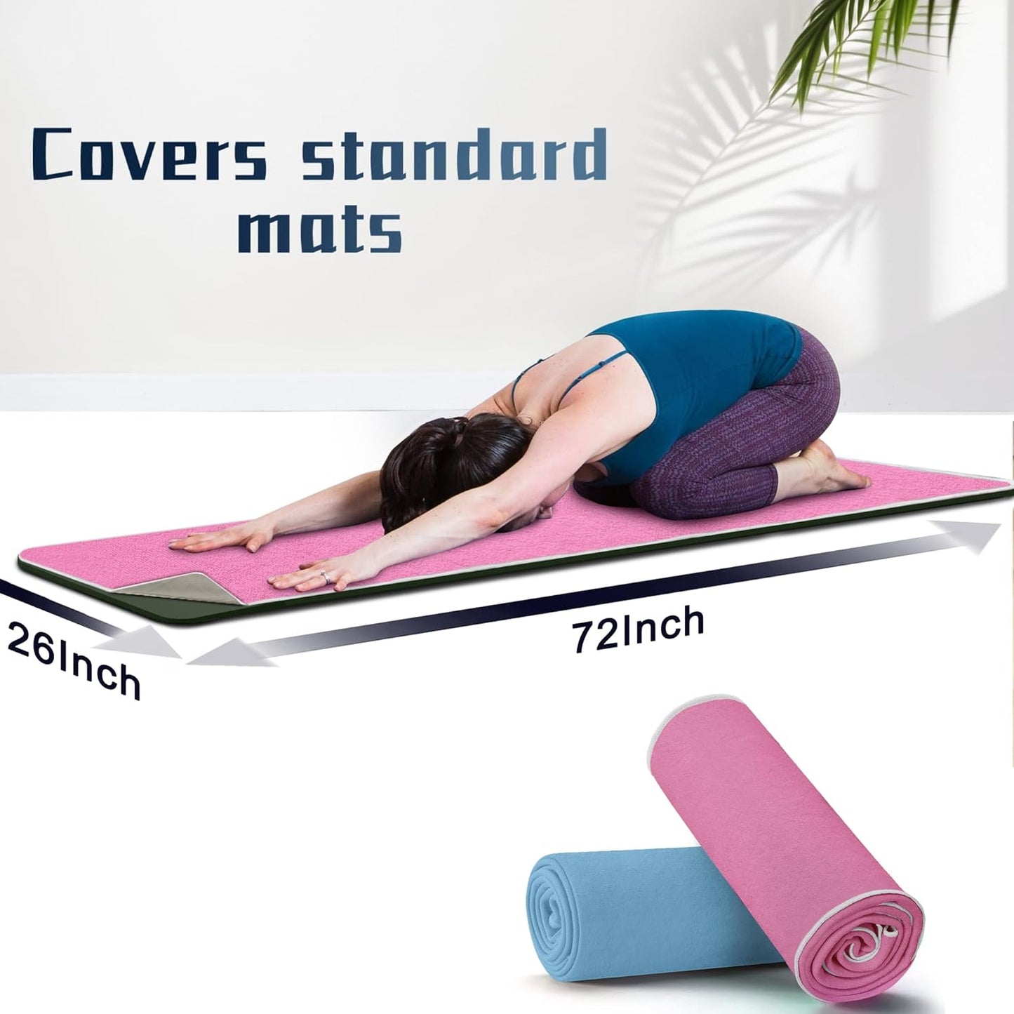 Hot Yoga Towel Non-Slip, 2 Pack Thick & Soft Yoga Mat Towel, Sweat Absorbent, with Grip Dot, 72" x 27", Yoga Towel for Hot Yoga, Pilates, Fitness and Gym Workouts, Light Pink