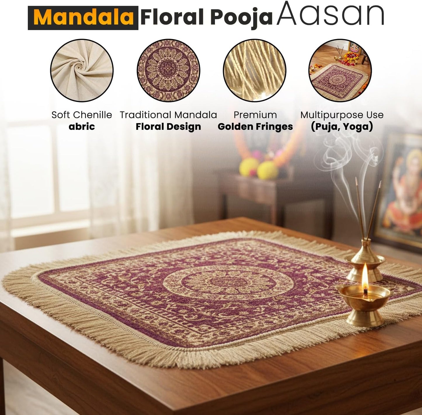 Soft Chenille Prayer Mat | Traditional Mandala Floral Pooja Aasan with Golden Fringes | Multipurpose Square Rug for Meditation, Yoga, Puja Room & Home (Red, 2x2 Feet)