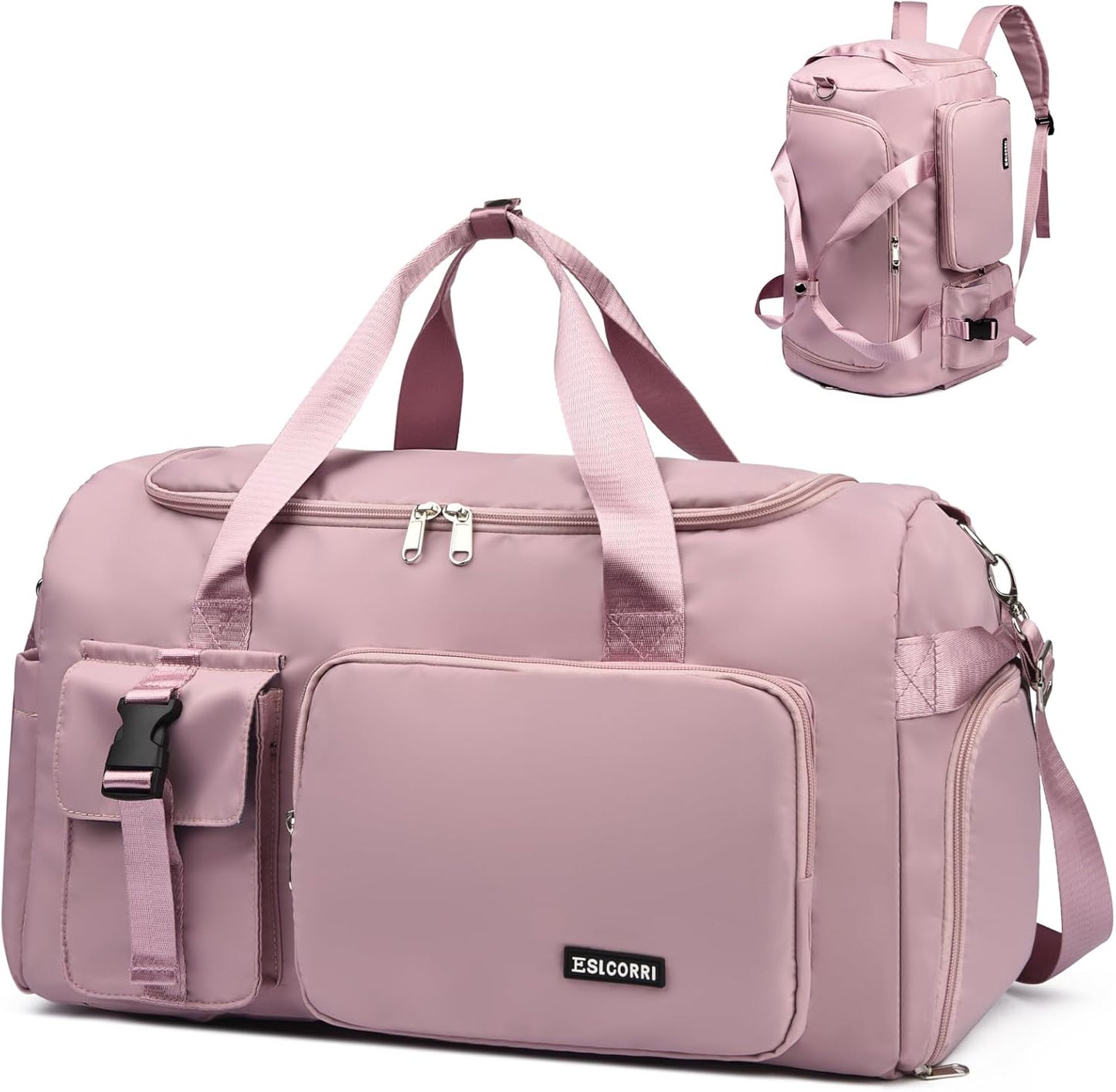 Eslcorri Gym Duffle Bag for Women Men, Sports Backpack with Wet & Shoe Compartment, Fitness Overnight Weekender Bag for Yoga, Swim, Travel (Style B, GreenPink)