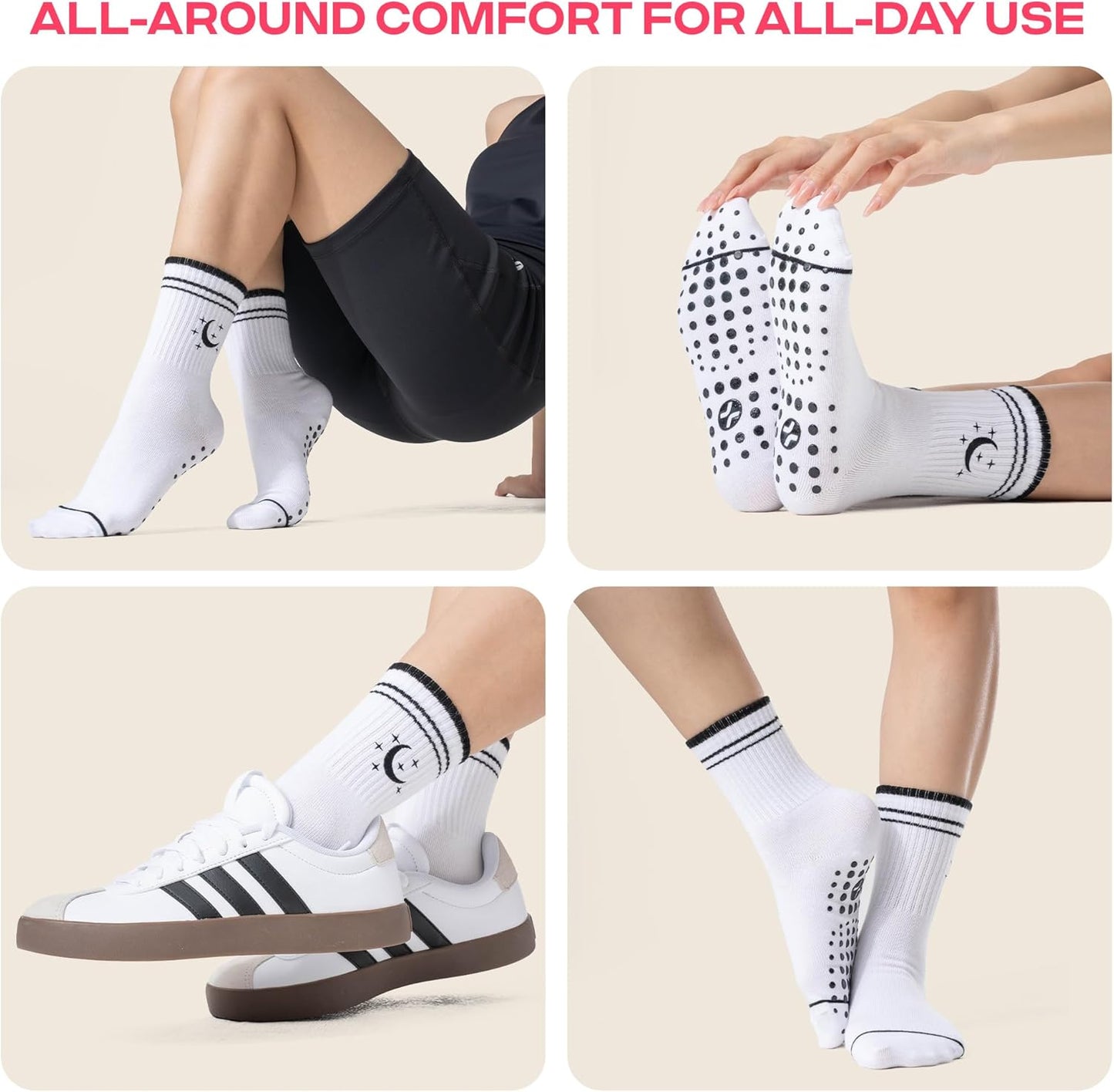 COOLMATE Pilates Socks with Grips for Women, Yoga Socks, Crew Non Slip Women for Barre, Pilates Gifts for Women - Colors A