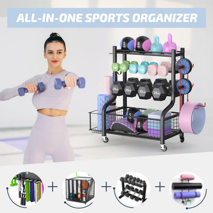 PLKOW Dumbbell Rack, Weight Rack for Dumbbells, Home Gym Storage for Dumbbells Kettlebells Yoga Mat and Balls, All in One Workout Storage with Wheels and Hooks, Powder Coated Finish Steel