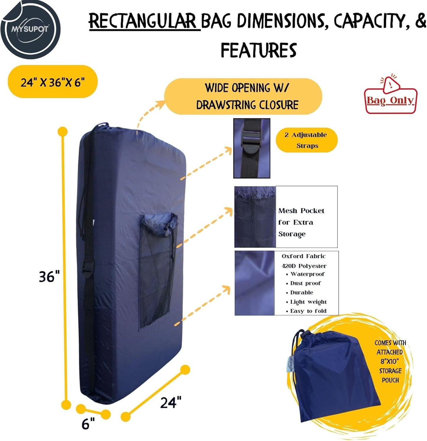 BLACK (Large 36"x24"x6") Beach Chair Bag. For Tent, Camping Mattress, Recliner, Dog Bed, Director & Lounge Chair, Booster Seat, Laundry. Light Duty 420D Polyester w/Adjustable Straps.