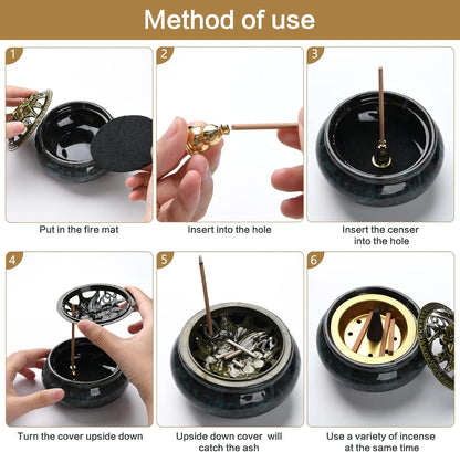 Ceramic Incense Burner with Incense Holder+ Fireproof Cotton,Handmade Smudging Burn Bowl for Stick or Coil Incense,Sage Cones,Frankincense and Mosquito Incense (Enamel)