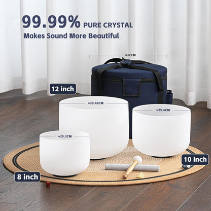 440HZ Sound Healing 8''-12'' Set of 3 Crystal Singing Bowls, Frosted Chakra Quartz Crystal Sound Bowl 8'' A Third-Eye, 10'' F Heart, 12'' C Root With Carry Bags and Mallet