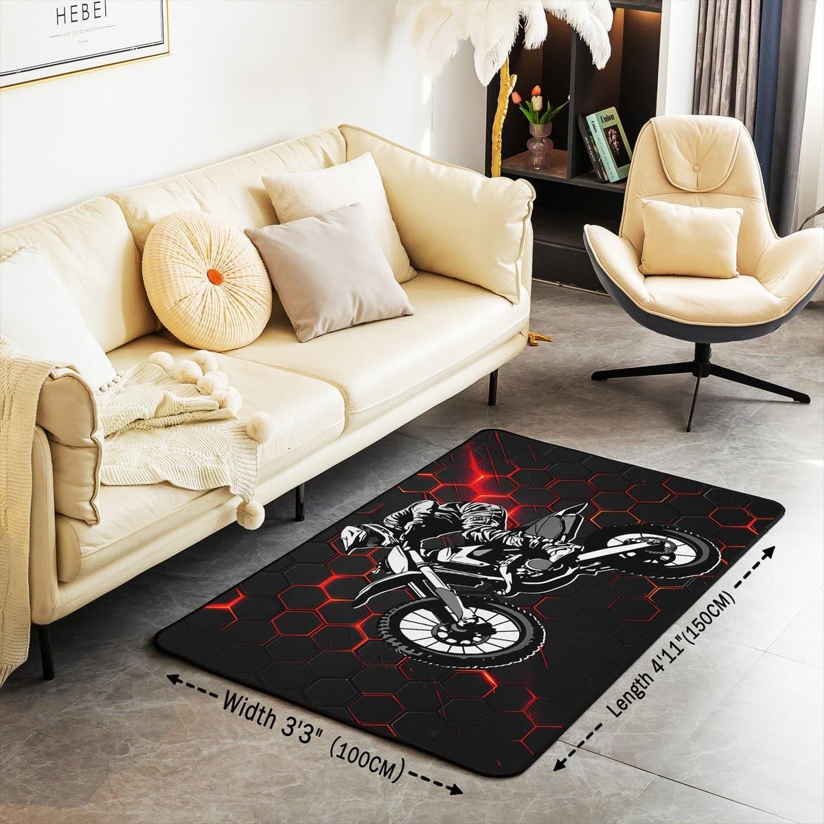 Feelyou Dirt Bike Area Rug 3x5 Kids Extreme Sports Green Honeycomb Living Room Rugs for Bedroom Boys Girls Teens Racing Motocross Rider Decorative Carpet Rug Non-Slip Motorcycle Indoor Floor Mat