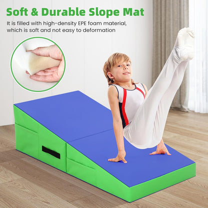 Gymnastics Mat Incline Tumbling Mats—Indoor/Outdoor Folding Cheese Wedge Mat with Non-Slip Surface & Handles for Kids Girls Home Training Exercise
