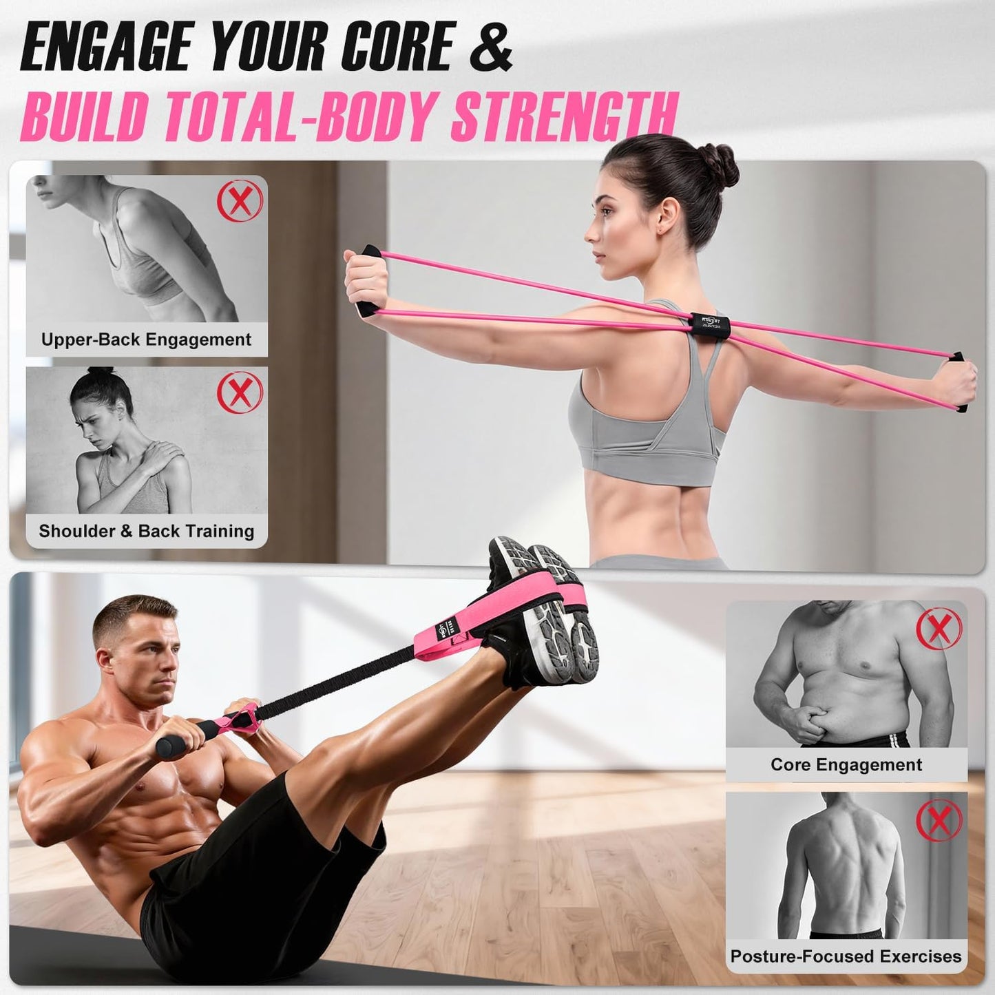 Upgraded Durable Pedal Resistance Band with Handle and Figure 8 Resistance Band Set, Stretch Bands for Exercise, Full Body Workout Equipment for Core Abs Waist Arms Back Stretching Training