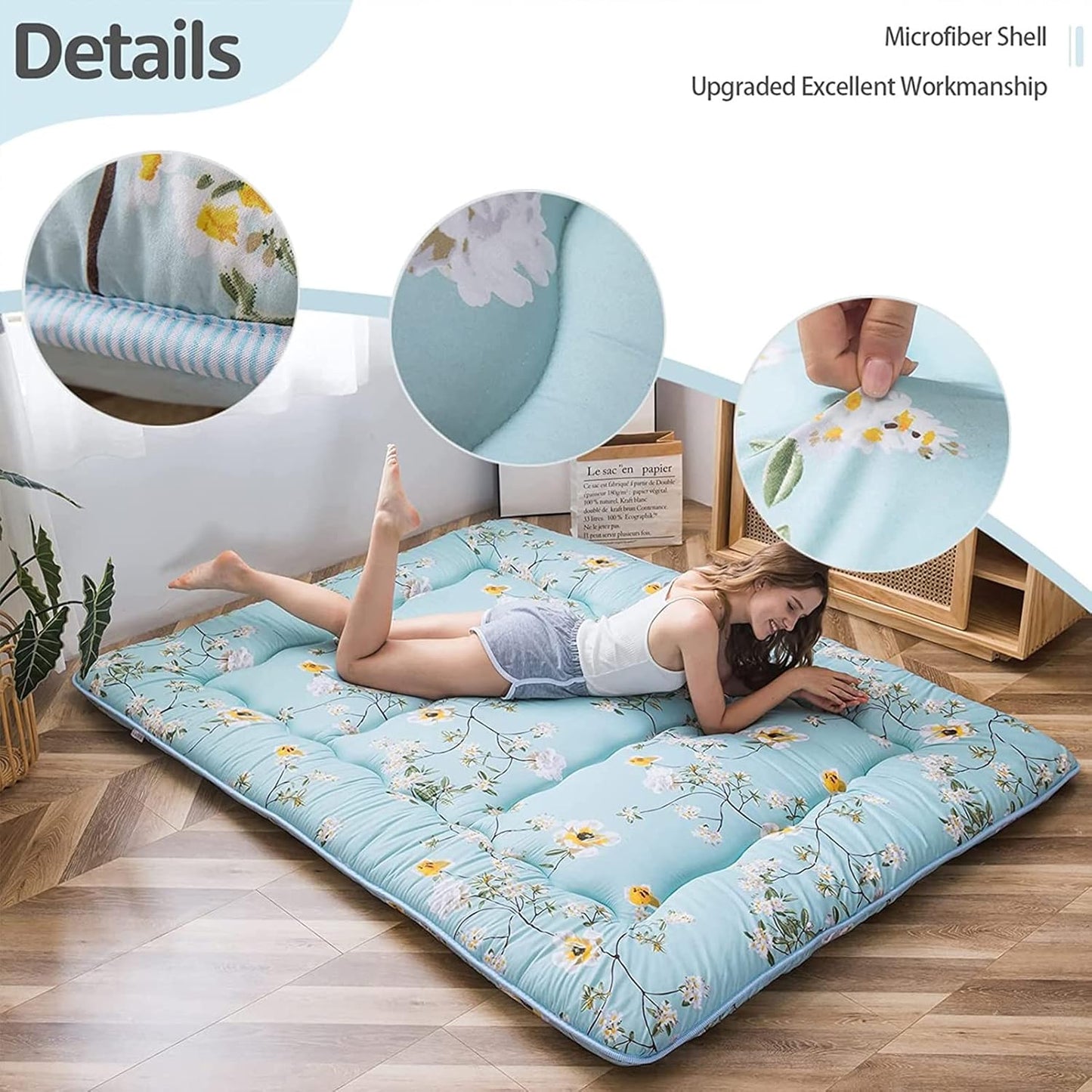 MAXYOYO Bohemian Retro Mattress Boho Floral Japanese Futon Mattress Tatami Floor Mat Foldable Portable Camping, Sleeping Pad, Lounger Couch Bed Full Size