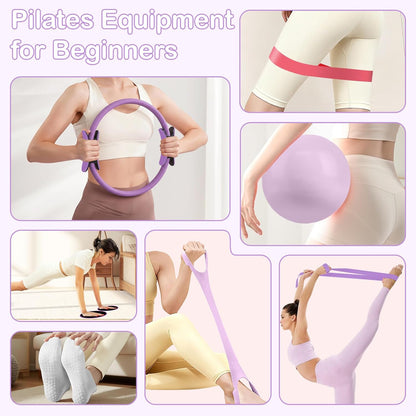 Hoedia 17 PCS Pilates Kit for Women, Pilates Equipment Ring and Ball Set with Resistance Bands, Yoga Strap, Core Sliders, Socks, Bag & Guide for Starter Home Workout Fitness Gym Essentials