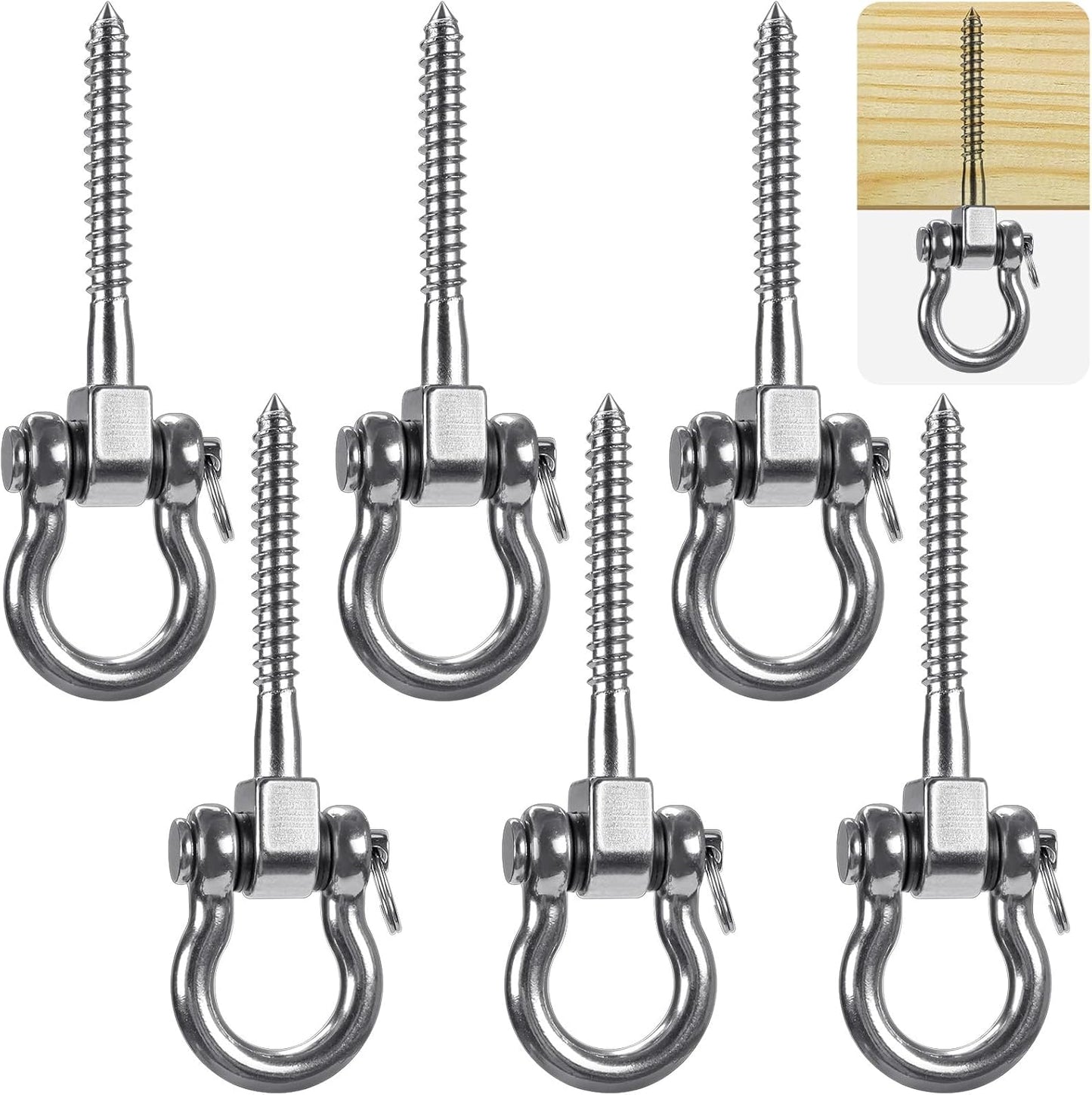 SELEWARE Heavy Duty 180° Swing Hangers, Stainless Steel Eye Screw Bracket, 1800 LB Capacity Playground Yoga Hammock Rope Tire Web Chair Sandbag Punching Bag Porch Swing Sets (6 Pack)
