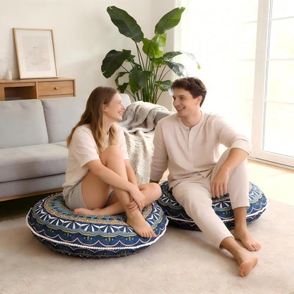 LOVMOC 32 Inch Round Floor Pillow for Adults, Large Thick Memory Foam Boho Mandala Meditation Floor Seating Cushion, Machine Washable for Living Room Outdoor Yoga Floor Sitting, Navy Blue