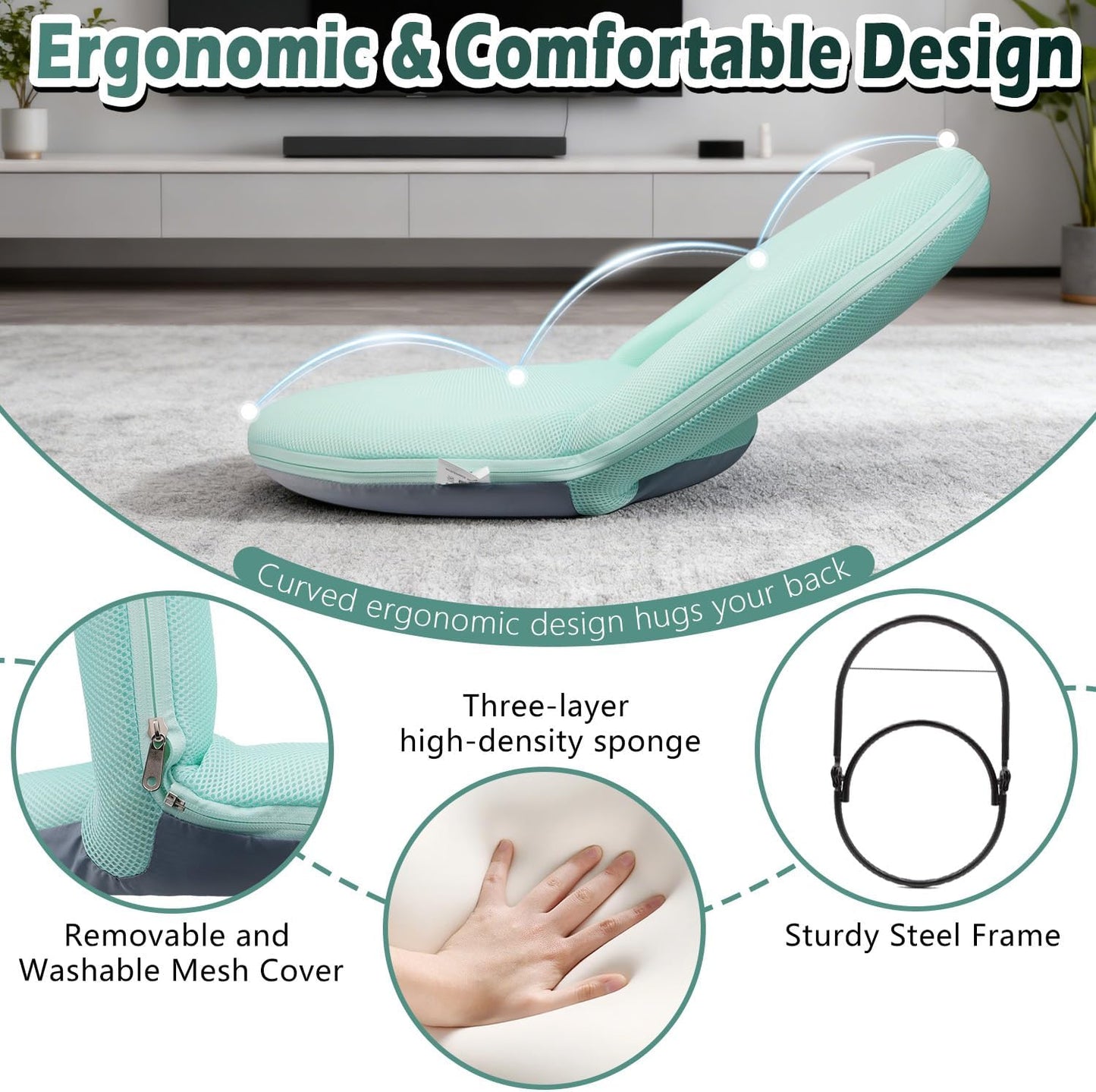 Floor Chair Floor Cushion Folding Padded Gaming Chair Adjustable 5-Position Floor Seat with Back Support for Kids Adult Great for Gaming Reading Meditating