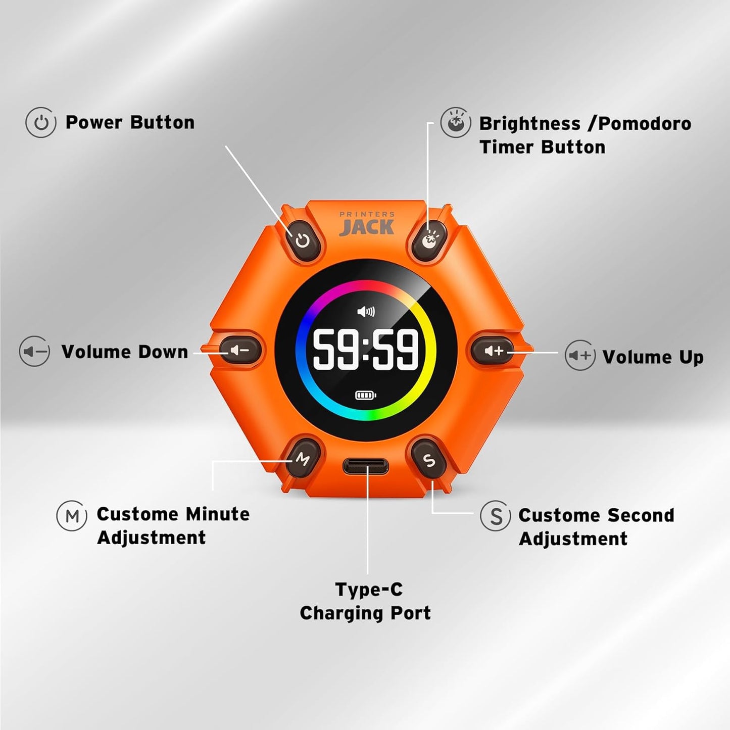 Jack Pomodoro Timer - Productivity Cube, Visual Focus Timer, Mute & Vibration & Adjustable Sound Alert, for Office, ADHD, Study, Work, 3/5/10/25/30/60min & Custom Countdown - Black