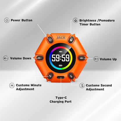 Jack Pomodoro Timer - Productivity Cube, Visual Focus Timer, Mute & Vibration & Adjustable Sound Alert, for Office, ADHD, Study, Work, 3/5/10/25/30/60min & Custom Countdown - Black